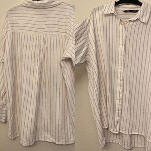 Zara blush pink pin stripe Button Up boyfriend long coastal blouse top linen M
